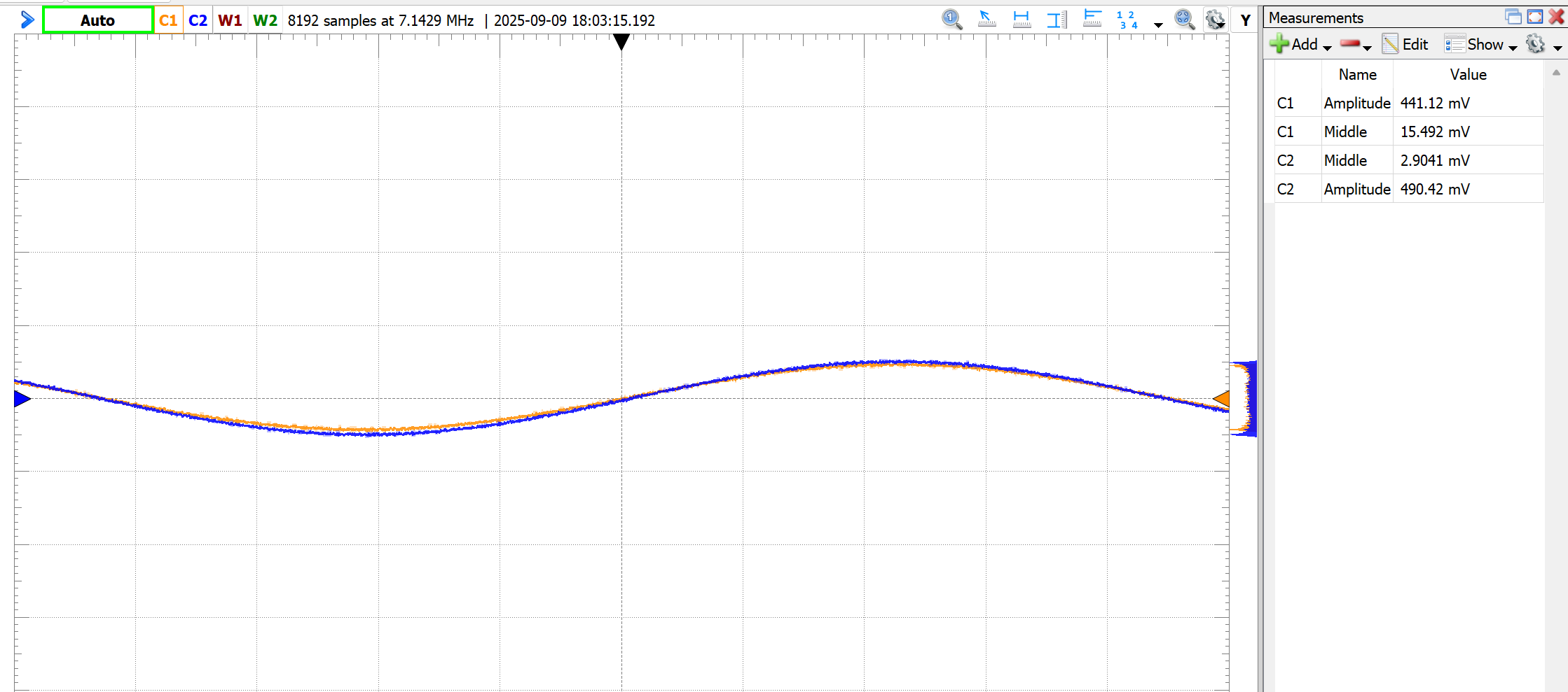 Oscilloscope trace after lowering R_E to 1.52 kΩ. Input and output sinusoids are now much closer in amplitude.