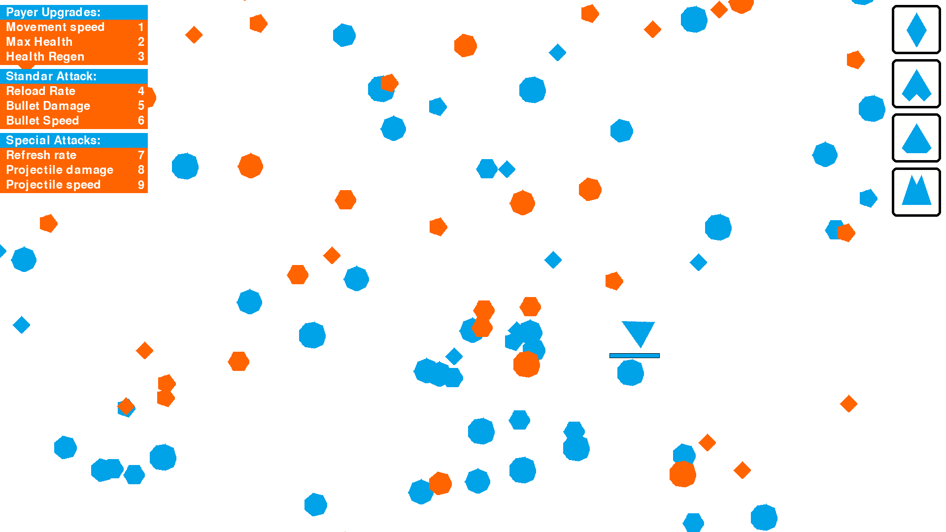 Top-down screenshot of the game on a white background. The player ship sits in the lower-right; the field is scattered with blue and orange polygonal enemies. A left-hand panel lists nine upgrade slots: Movement speed, Max Health, Health Regen, Reload Rate, Bullet Damage, Bullet Speed, Refresh rate, Projectile damage, Projectile speed. A right-hand panel shows the player's blue special-attack icons.