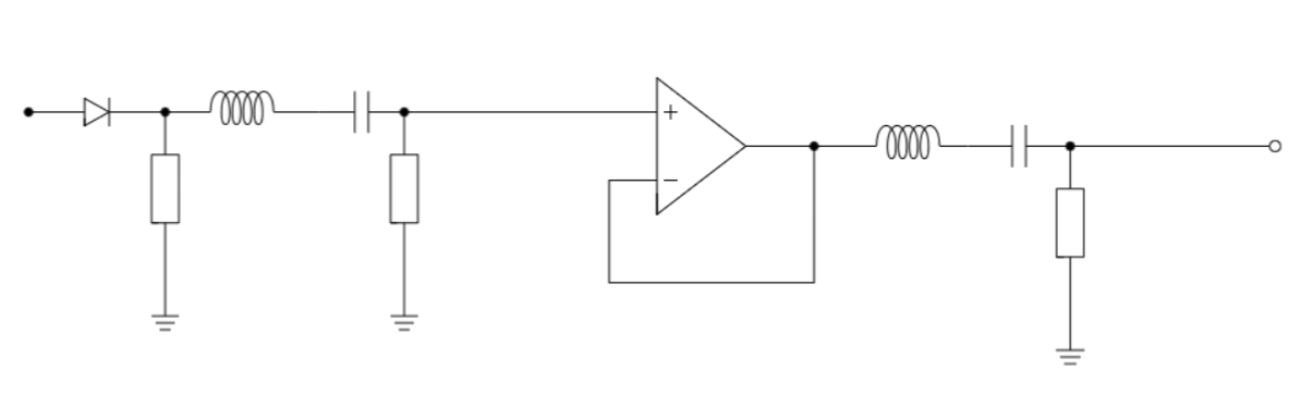 Block-level schematic: diode, band-pass filter, op-amp buffer, band-pass filter.