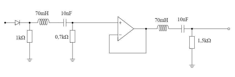 Full circuit schematic with component values: 70 mH inductors, 10 nF capacitors, 1 kΩ / 0.7 kΩ / 1.5 kΩ resistors.