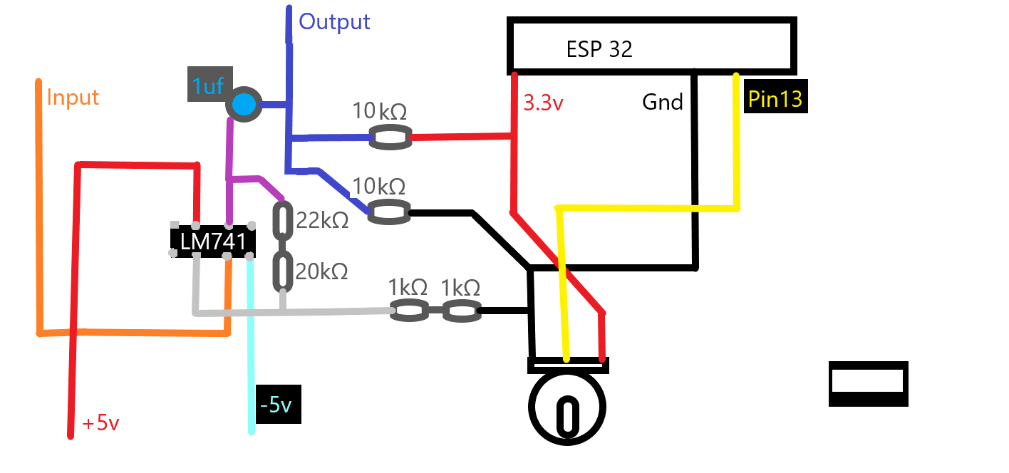 Detailed schematic showing the LM741 amplifier wiring, 22k and 20k feedback resistors, ESP32 power rails, and the potentiometer on pin 13.